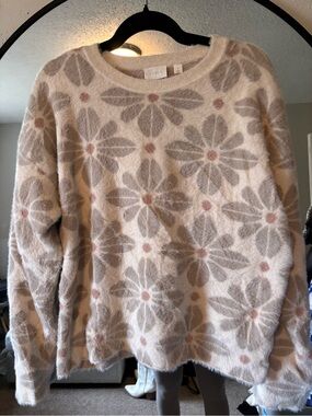 Cyrus Cream Sweater with Taupe Floral Motif and Blush Centers